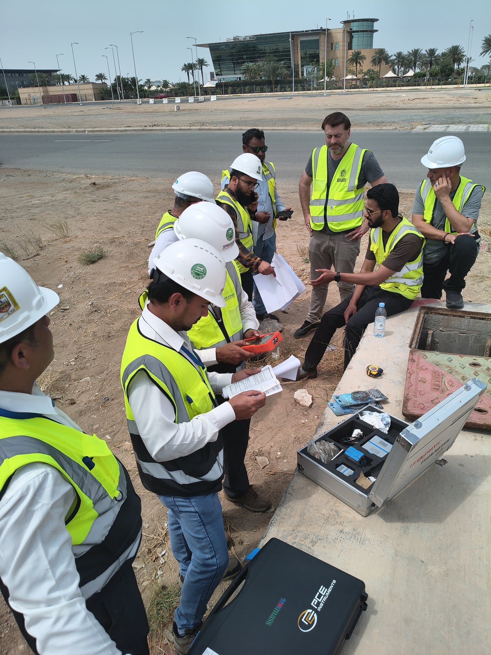 Starmass field team demonstrating monitoring equipment in an active site environment