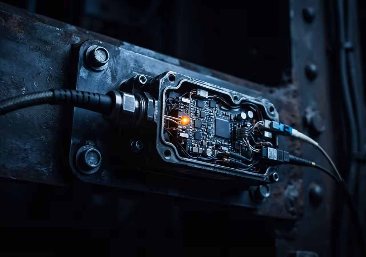 Macro photography of a structural sensor and its electronics